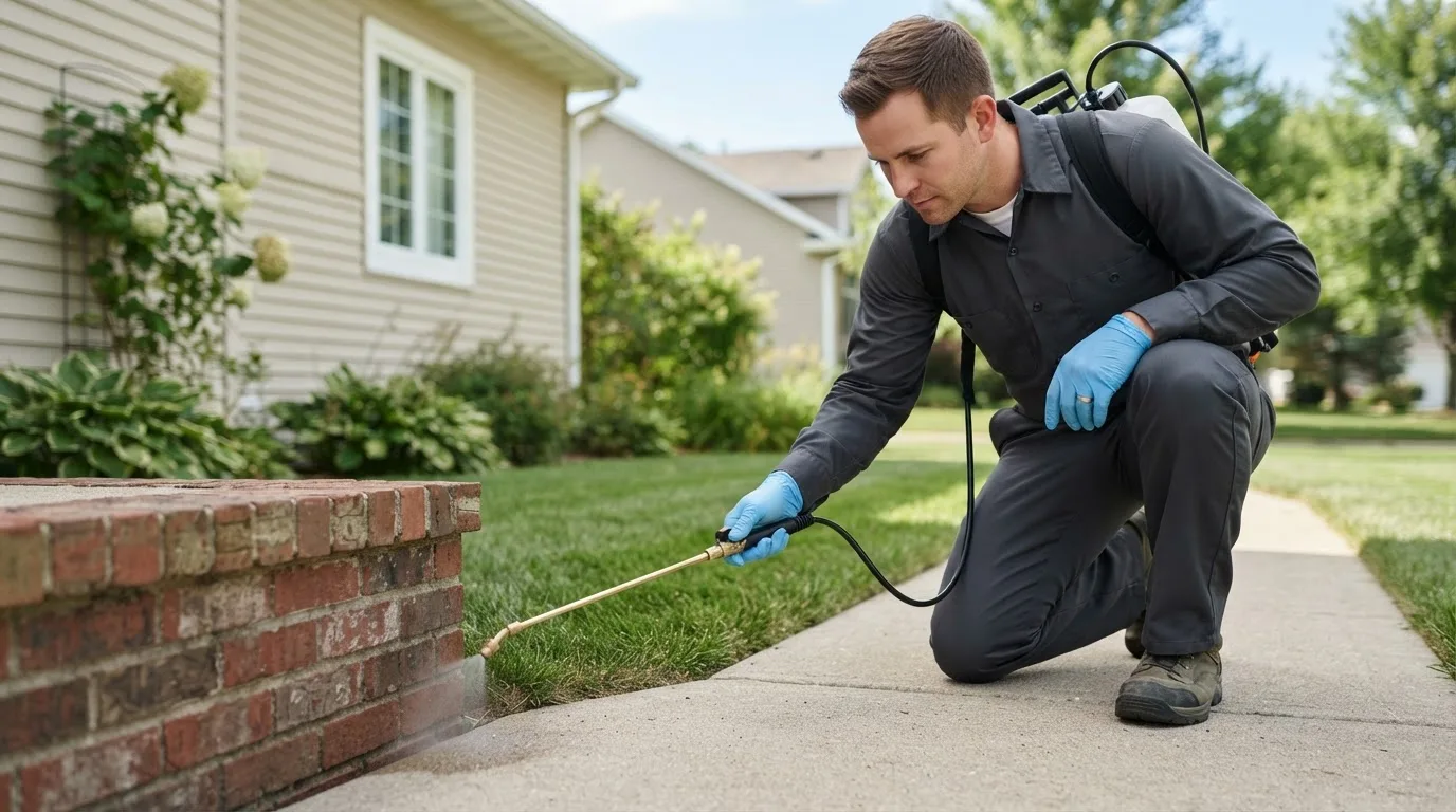 Pest control technician treating a home near Wilton, ME